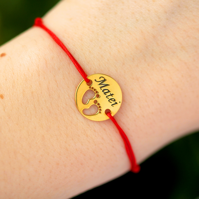 My Kid - Bratara personalizata snur cu talisman din argint 925 placat cu aur galben 24K cu nume si talpite [4]