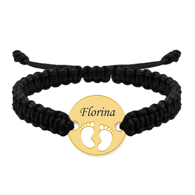 Bratara personalizata snur impletit banut cu talpite si nume gravat din argint 925 placat cu aur galben 24K [2]