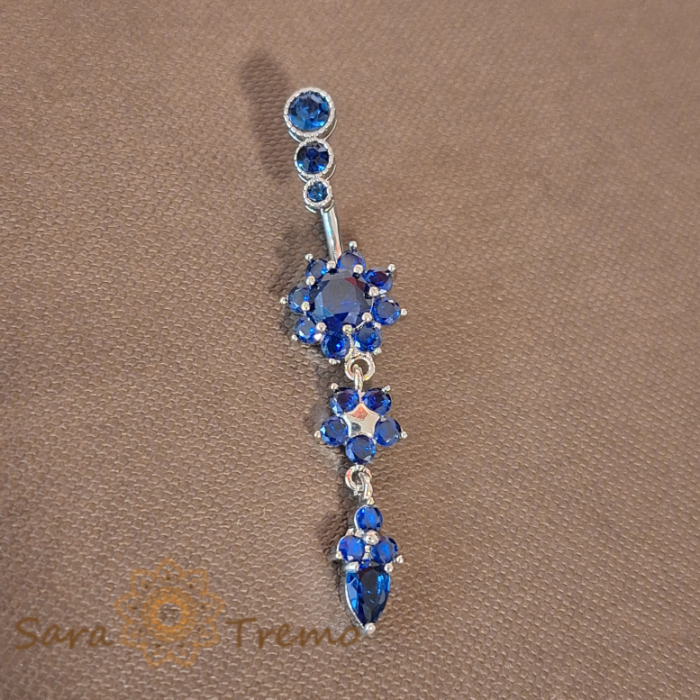 Piercing argintiu de buric cu cristale  albastre [2]