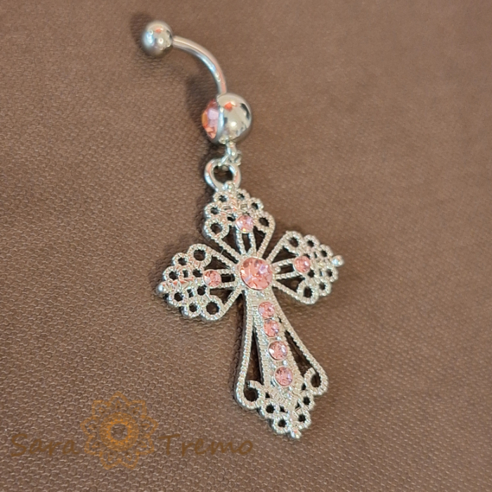 Piercing extra-mare argintiu de buric cu cruciulita si cristale roz [2]
