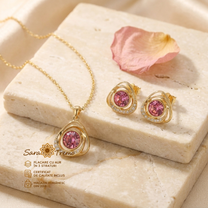 Set Rosa di Luce cu cristal roz, lanț și cercei aur 14K | SaraTremo [3]