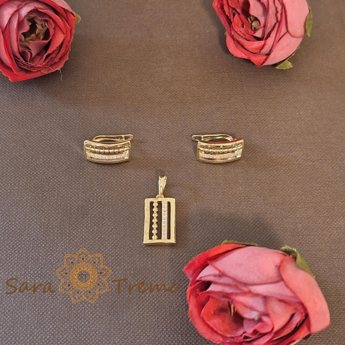 Set cercei clasici si pandantiv dreptunghiular cu zirconia - placat 14k [3]