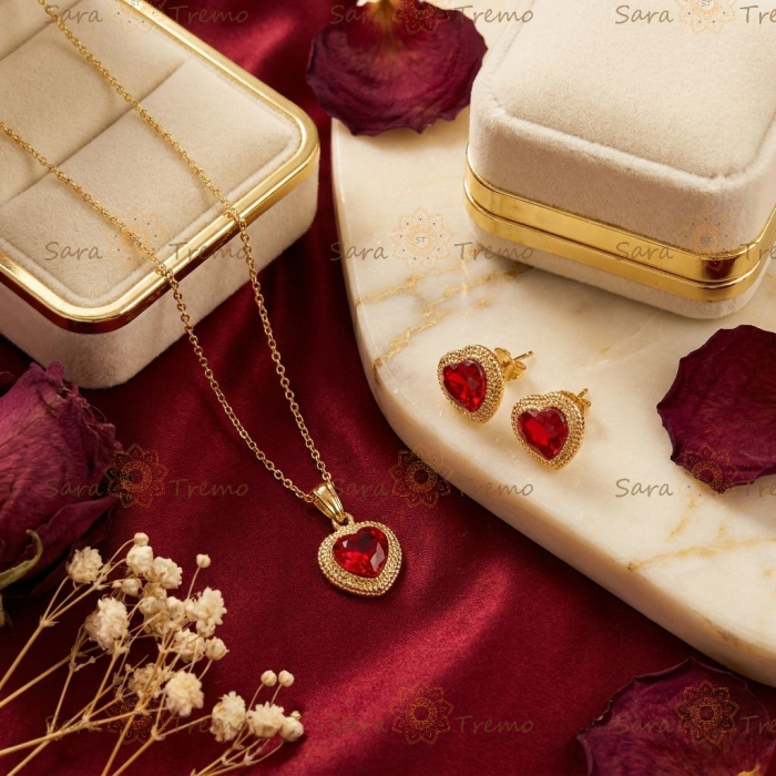 Set Inima Rubinului Regal – Set Colier și Cercei placați 18K Brazilia [3]