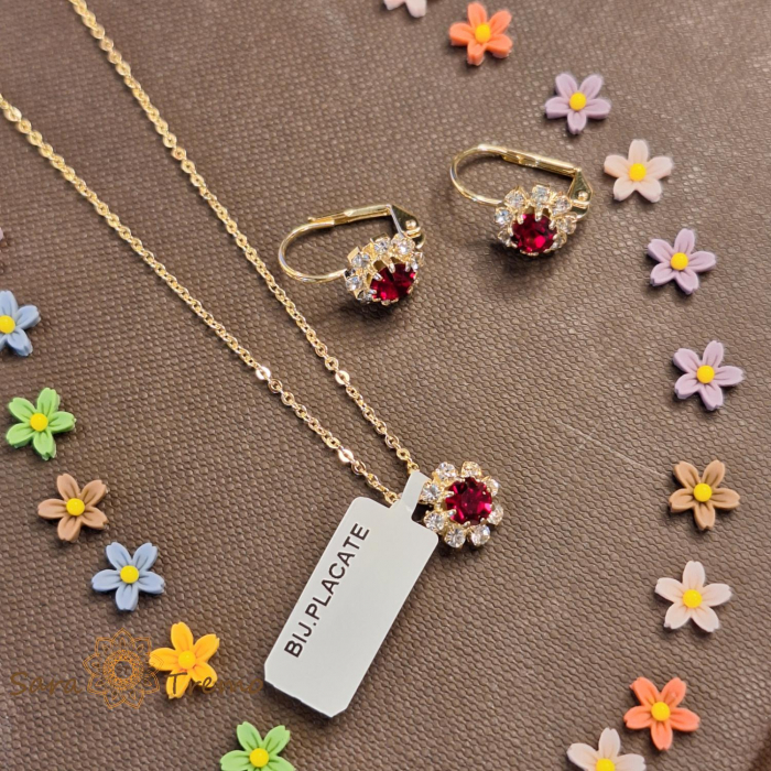 Set lantisor + pandantiv + cercei placati cu aur cu cristal rosu [4]