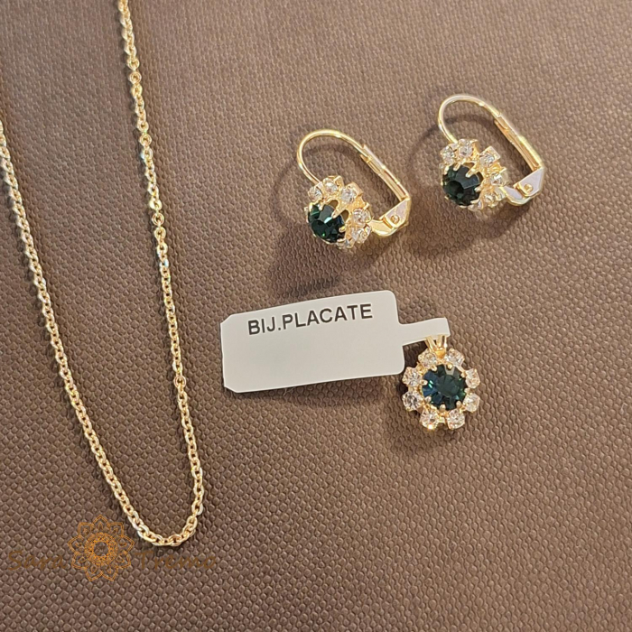 Set lantisor + pandantiv + cercei placati cu aur cu cristal albastru-marin [1]
