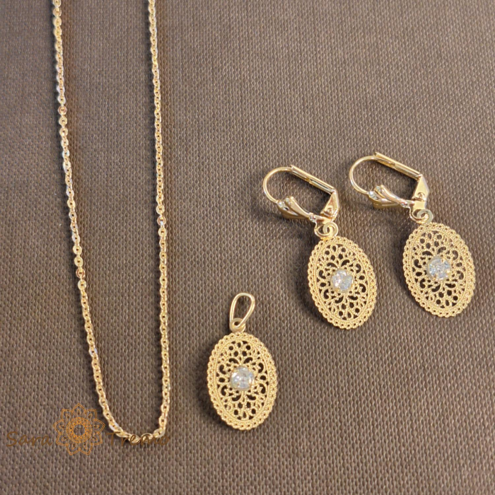 Set lantisor + pandantiv + cercei placati cu aur finisaj dantelat model filigran [1]