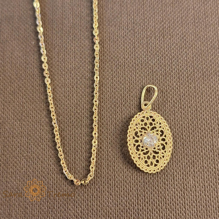 Set lantisor + pandantiv + cercei placati cu aur finisaj dantelat model filigran [3]