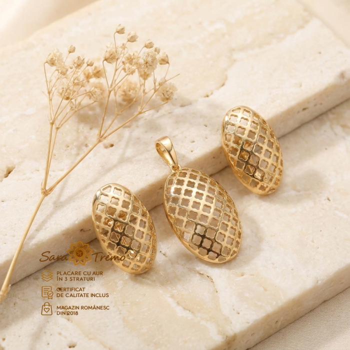 Set Dantelă Aurie – cercei și pandantiv aur 14K | SaraTremo [2]