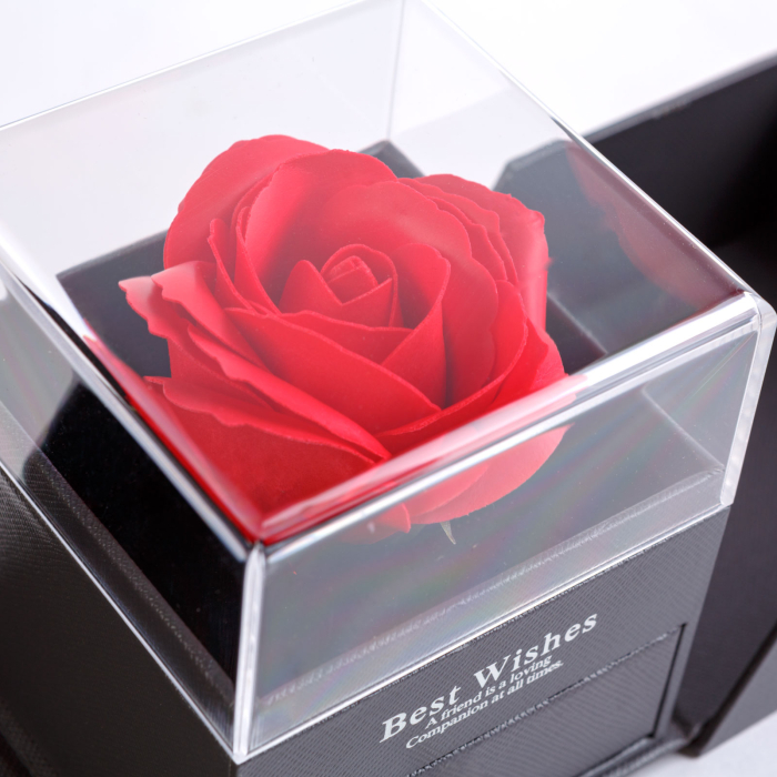 Trandafir etern in cutie cadou cu colier 10cm, trandafir artificial rosu cu pandantiv inima pentru c [3]
