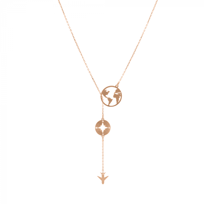 Travel - Colier personalizat busola si avion din argint 925 placat cu aur roz [1]