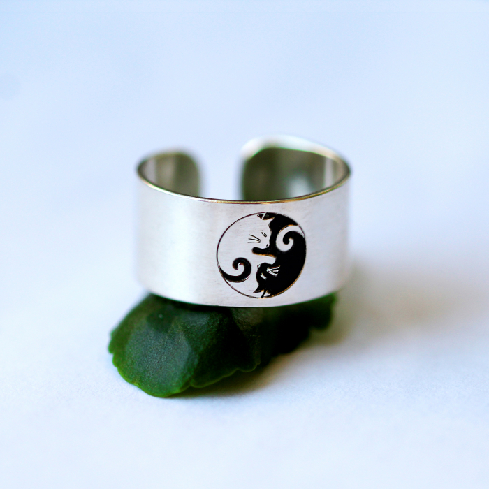 Yin&Yang - Inel reglabil personalizat cu doua pisici din argint 925 [3]