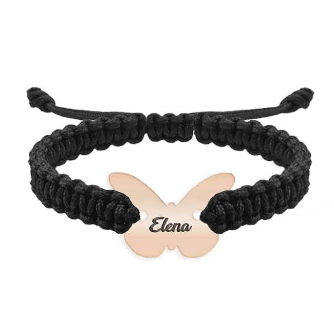 Bratara personalizata snur impletit fluturas si nume gravat din argint 925 placat cu aur roz [2]