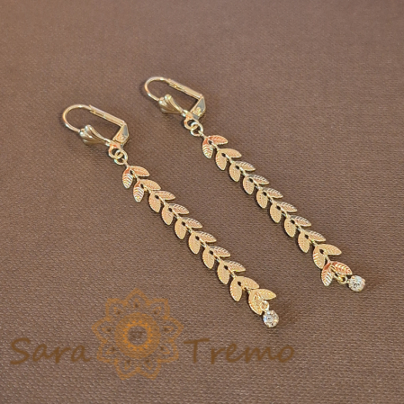 Cercei - Cercei Placați cu Model Frunze de Laur și Cristal Zirconia - 7 cm