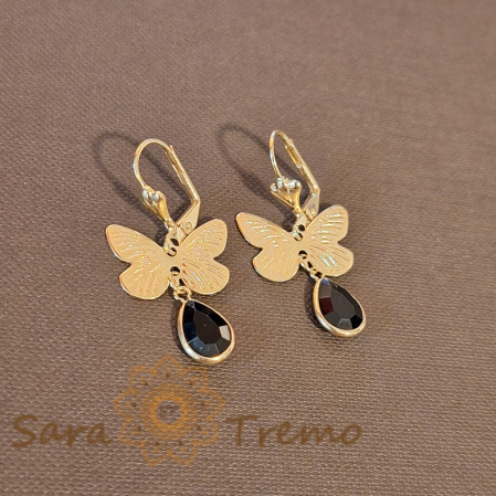 Cercei - Cercei cu Model Fluture Placați cu Aur și Cristal Zirconia Negru - 3 cm