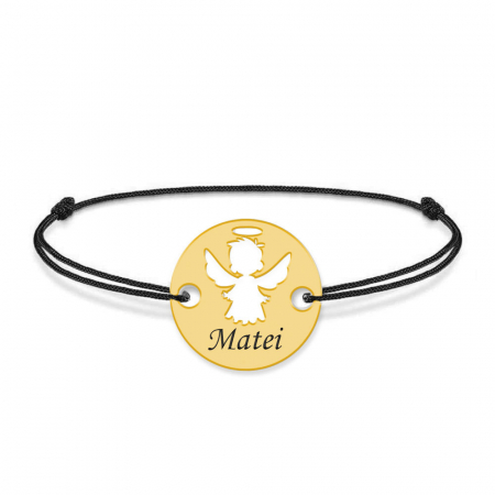 Angel - Bratara personalizata snur banut cu ingeras si nume gravat din argint 925 placat cu aur galben 24K [1]