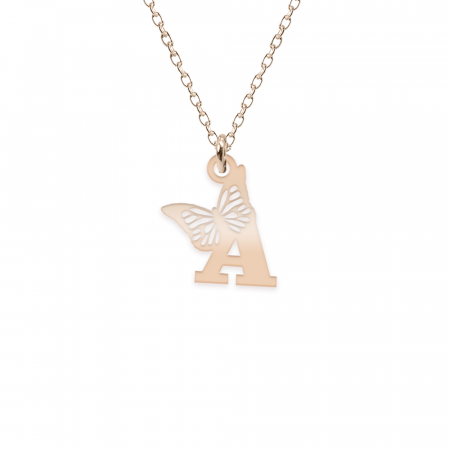 Lantisoare cu nume - Colier personalizat cu litera si fluturas din argint 925 placat cu aur roz