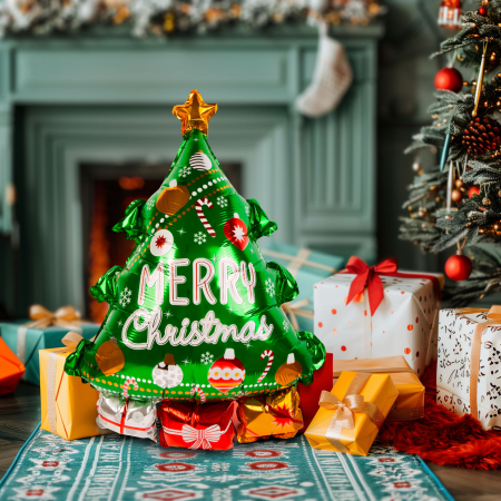 Casa si Gradina - Balon Folie Brad de Crăciun, 80 × 55 cm, cu Pai pentru Umflare