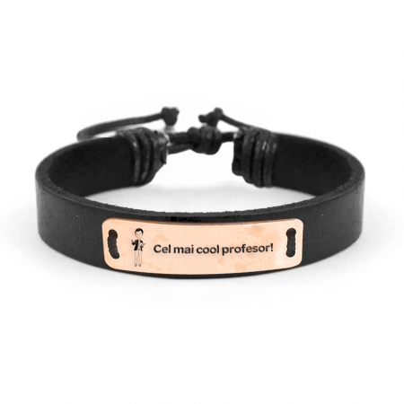 Bratari personalizate - Best Teacher - Bratara personalizata din piele "Cel mai cool profesor" din argint 925 placat cu aur roz