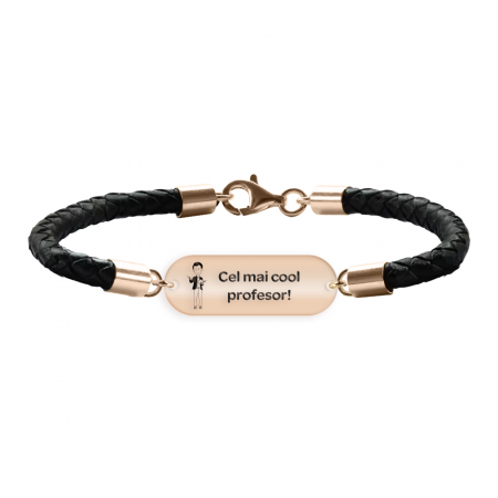 Bratari personalizate - Best Teacher - Bratara Premium din piele impletita "Cel mai cool profesor" din argint 925 placat cu aur roz