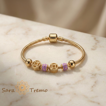 Bijuterii pentru femei - Bratara Armonia Regala – Bratara dama cu charms mov placata cu aur 14K