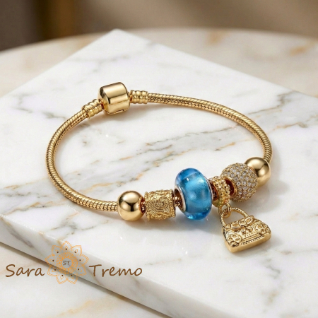 Bijuterii pentru femei - Bratara Vis Albastru – Bratara dama cu charms si pandantiv poseta placata cu aur 14K