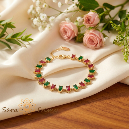 Bratara Aurora Festiva – Bratara reglabila placata cu aur 14K cu cristale rosii si verzi [1]