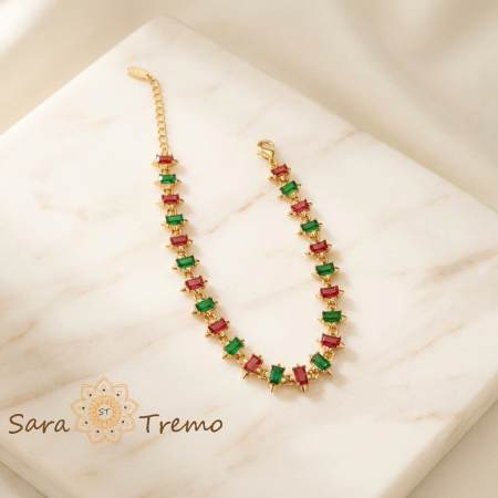 Bijuterii placate cu aur - Bratara Aurora Festiva – Bratara reglabila placata cu aur 14K cu cristale rosii si verzi