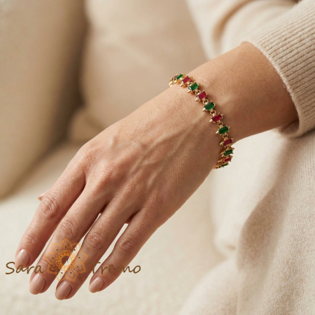 Bratara Aurora Festiva – Bratara reglabila placata cu aur 14K cu cristale rosii si verzi [2]