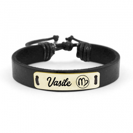 Bratari personalizate - Bratara din piele cu tablita din argint 925 placat cu aur galben 24K personalizata cu nume - Zodia Fecioara