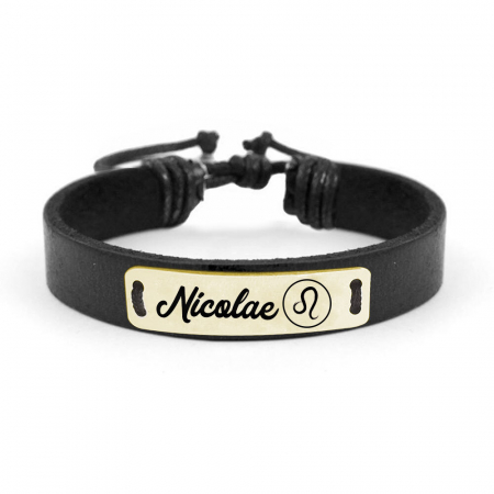 Bratari personalizate - Bratara din piele cu tablita din argint 925 placat cu aur galben 24K personalizata cu nume - Zodia Leu
