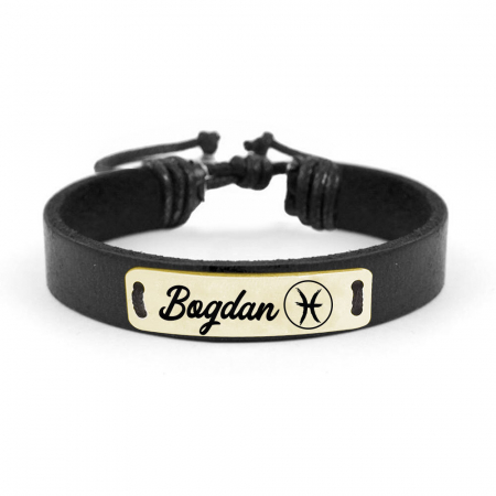 Bratari personalizate - Bratara din piele cu tablita din argint 925 placat cu aur galben 24K personalizata cu nume - Zodia Pesti