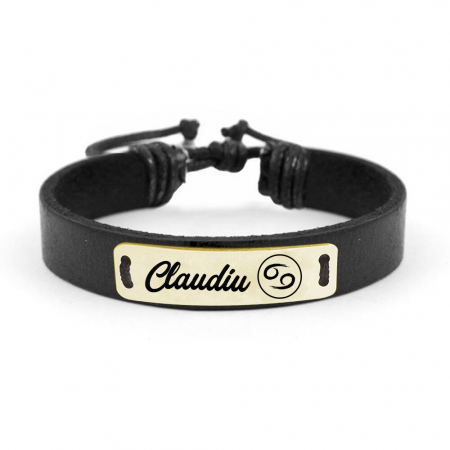 Bratari personalizate - Bratara din piele cu tablita din argint 925 placat cu aur galben 24K personalizata cu nume - Zodia Rac