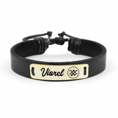 Bratari personalizate - Bratara din piele cu tablita din argint 925 placat cu aur galben 24K personalizata cu nume - Zodia Varsator