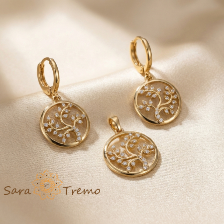 Bijuterii placate cu aur - Set Arborele Vietii – Set cercei si pandantiv placate cu aur 14K cu zirconia albe