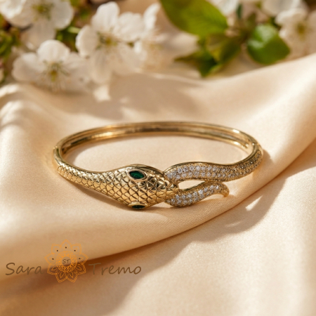 Bratara Serpenta Regala – Bratara fixa placata cu aur 14K cu zirconia albe si detalii verzi [1]