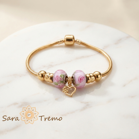 Bijuterii pentru femei - Bratara Inima de Trandafir – Bratara dama cu charms florale placata cu aur 14K