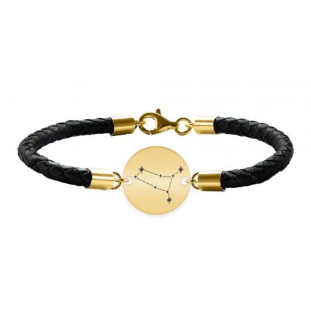 Bratari personalizate - Bratara din piele naturala impletita cu banut din argint 925 placat cu aur 24K - constelatia Gemeni
