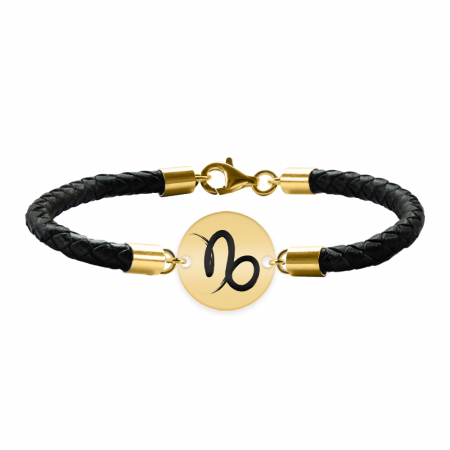 Bijuterii personalizate - Bratara Premium din piele impletita si banut argint 925 placat cu aur galben 24K personalizat cu zodiac - Capricorn