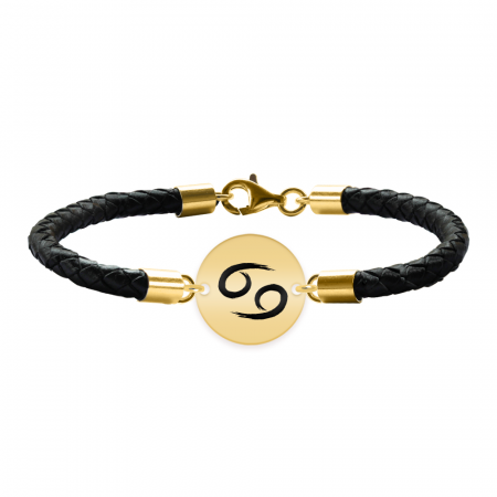 Bijuterii personalizate - Bratara Premium din piele impletita si banut argint 925 placat cu aur galben 24K personalizat cu zodiac - Rac