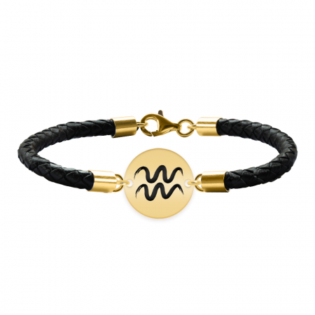 Bijuterii personalizate - Bratara Premium din piele impletita si banut argint 925 placat cu aur galben 24K personalizat cu zodiac - Varsator