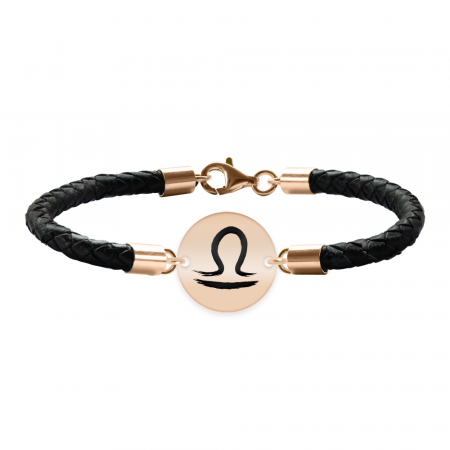 Bijuterii personalizate - Bratara Premium din piele impletita si banut argint 925 placat cu aur Roz personalizat cu zodiac - Balanta