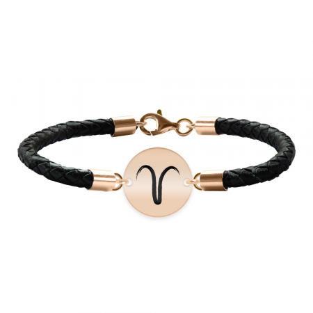 Bijuterii personalizate - Bratara Premium din piele impletita si banut argint 925 placat cu aur Roz personalizat cu zodiac - Berbec