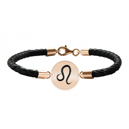 Bijuterii personalizate - Bratara Premium din piele impletita si banut argint 925 placat cu aur Roz personalizat cu zodiac - Leu