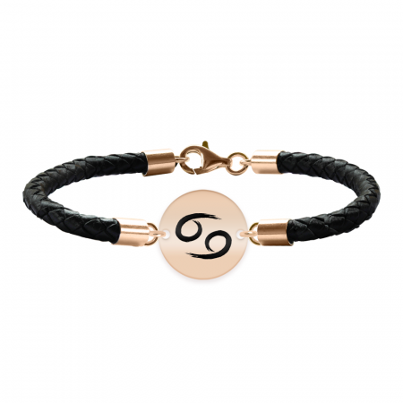 Bijuterii personalizate - Bratara Premium din piele impletita si banut argint 925 placat cu aur Roz personalizat cu zodiac - Rac