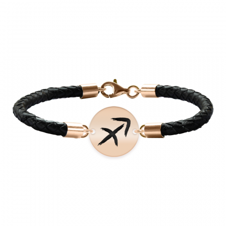 Bijuterii personalizate - Bratara Premium din piele impletita si banut argint 925 placat cu aur Roz personalizat cu zodiac - Sagetator