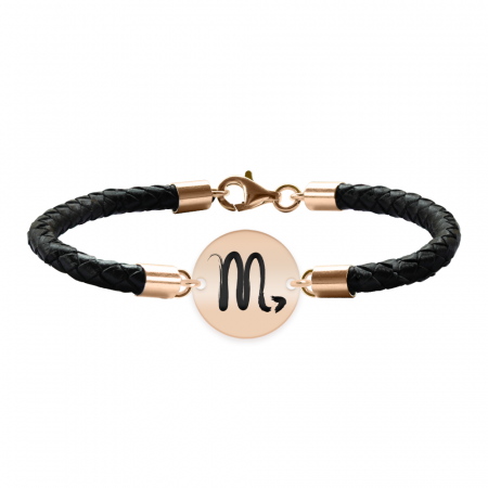 Bijuterii personalizate - Bratara Premium din piele impletita si banut argint 925 placat cu aur Roz personalizat cu zodiac - Scorpion