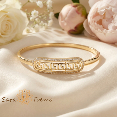 Bratara Greca Imperiala – Bratara fixa placata cu aur 14K model geometric cu zirconia [1]