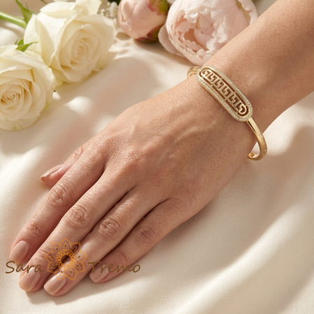 Bratara Greca Imperiala – Bratara fixa placata cu aur 14K model geometric cu zirconia [2]