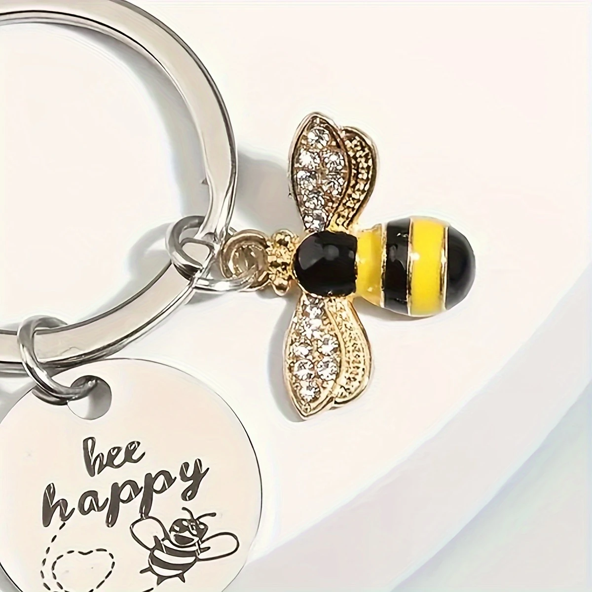 Breloc rotund din oțel inoxidabil cu albină – „Bee Happy”, model decorativ pentru femei [3]