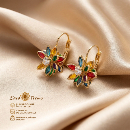Cercei - Cercei Flora Rainbow cu flori multicolore, aur 18K | SaraTremo